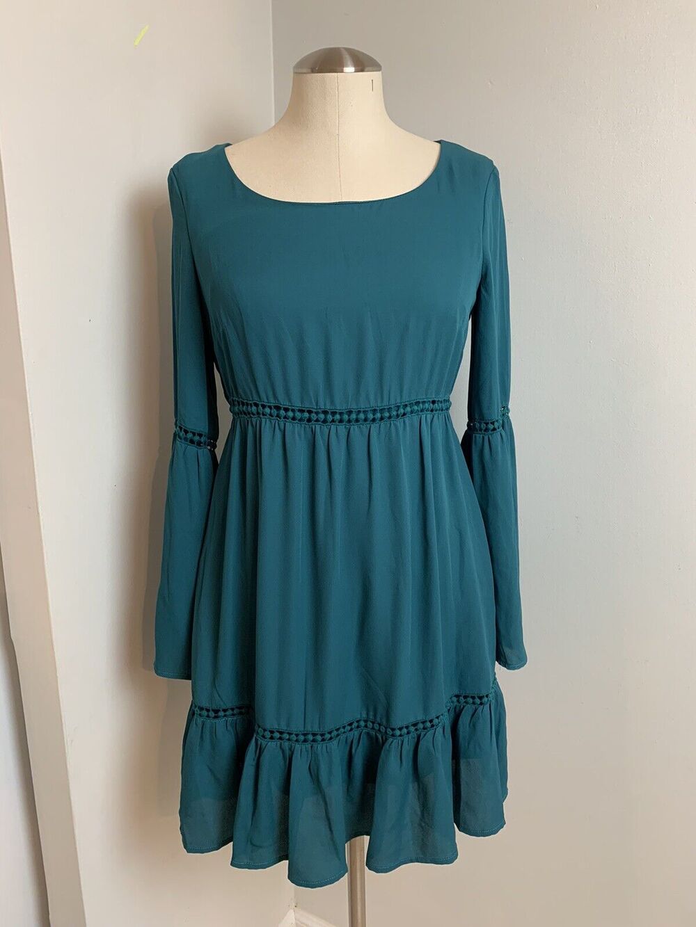 As U Wish Dress Blue Green Tiered Long Sleeve Boho Size Small
